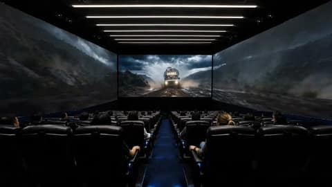 Create a highly photorealistic empty cinema auditorium very closely inspired by 