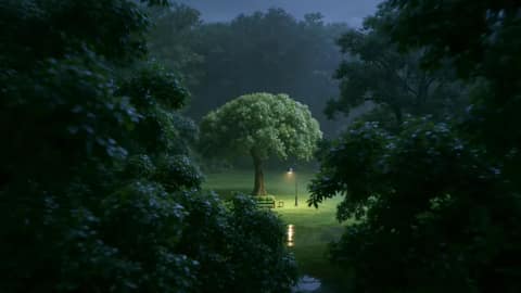 Use the uploaded image as the exact visual reference: a peaceful forest clearing