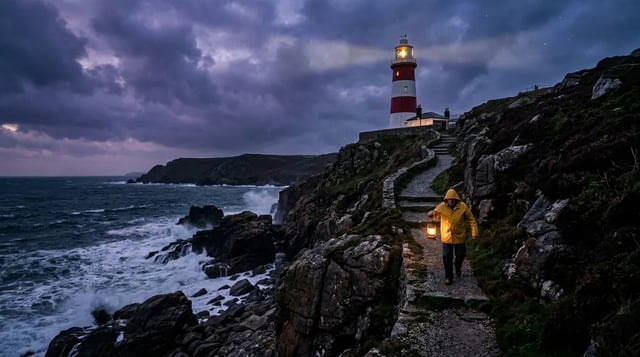 Nano Banana 2 text to image: a red-and-white lighthouse on a cliff at dusk with a keeper in a yellow raincoat carrying a lantern