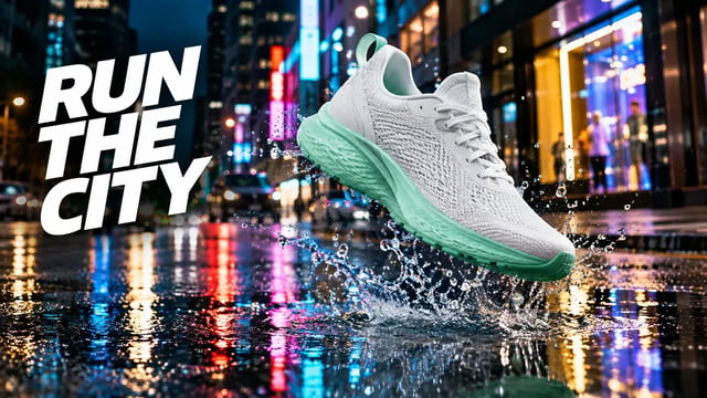 GPT Image 2.5 Flare text to image: a white running shoe with a mint sole splashing above a puddle on a neon-lit street, headline Run the City