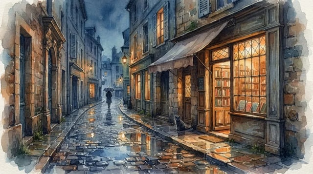 Nano Banana 2 Lite text to image: a watercolor of a rainy cobblestone street with a glowing bookshop window and a black cat under the awning