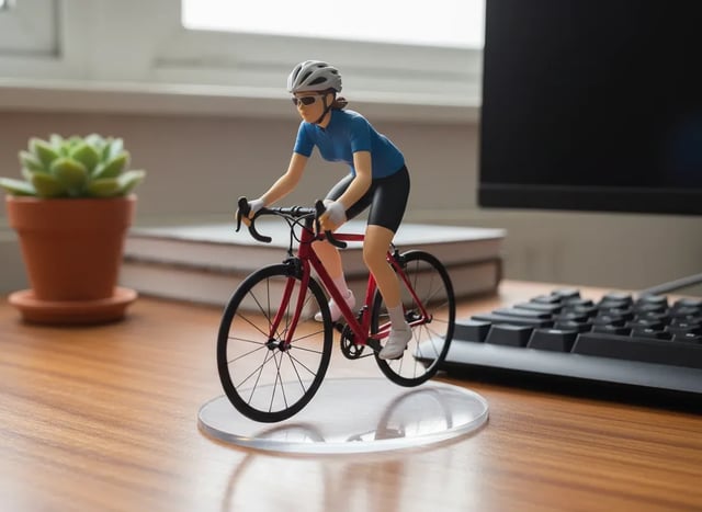Nano Banana text to image: a toy figurine of a cyclist on a red road bike standing on a clear acrylic base on a wooden desk