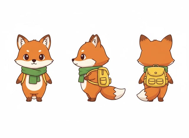 Nano Banana text to image: a cartoon fox mascot with a green scarf and yellow backpack shown from the front, side and back