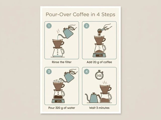 Nano Banana Pro text to image: an infographic titled Pour-Over Coffee in 4 Steps with four illustrated panels and captions