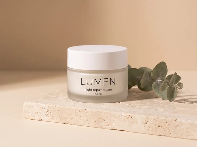 Nano Banana Pro text to image: a frosted glass skincare jar labeled Lumen, night repair cream, 50 ml, on travertine stone beside eucalyptus