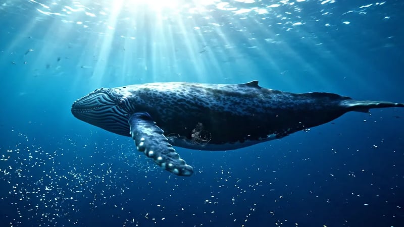 Veo 3.1 Lite text to video: a blue whale gliding through deep ocean water under sunlight rays