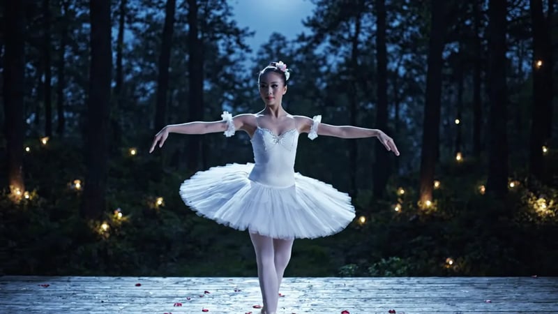 Veo 3.1 Lite text to video: a ballerina in a white tutu on a moonlit stage in front of a dark forest with fireflies