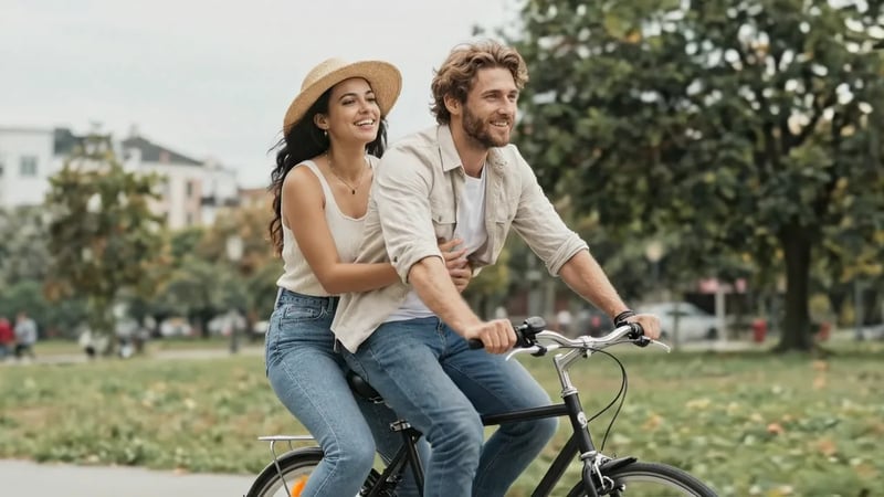 Veo 3.1 Lite image to video: a couple riding one bicycle down a tree-lined park path