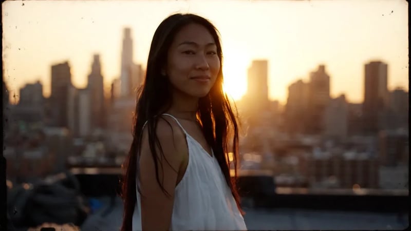 Veo 3.1 Lite text to video: a woman on a rooftop at golden hour with a city skyline behind her