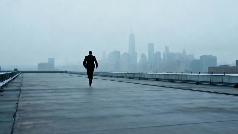 Veo 3.1 image to video: a lone man on a misty waterfront promenade with a city skyline behind him