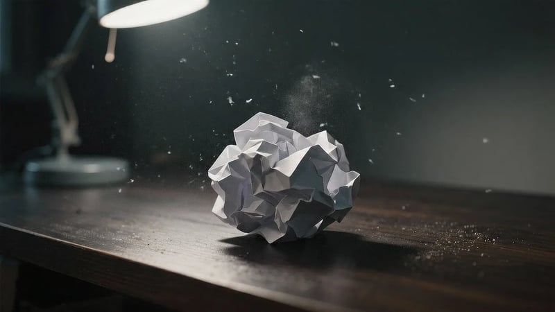 Veo 3.1 start and end frame video: a crumpled paper ball on a desk folding into a paper airplane