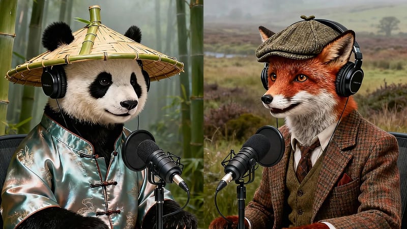 Veo 3.1 image to video with dialogue: a panda and a red fox hosting a podcast