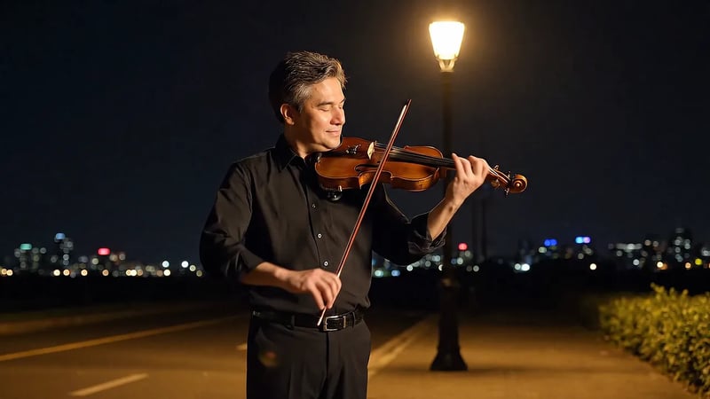 Veo 3.1 from a reference image: a man playing the violin under a street lamp at night, city lights behind him