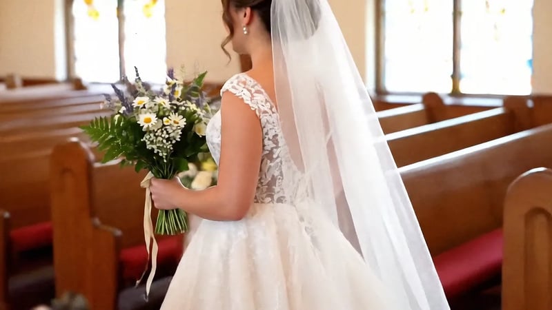 Veo 3.1 from a reference image: a bride holding a bouquet walks down a church aisle