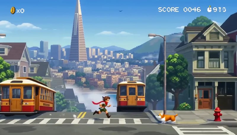 MiniMax H3 Max text to video: a pixel-art hero running through a San Francisco side-scroller level